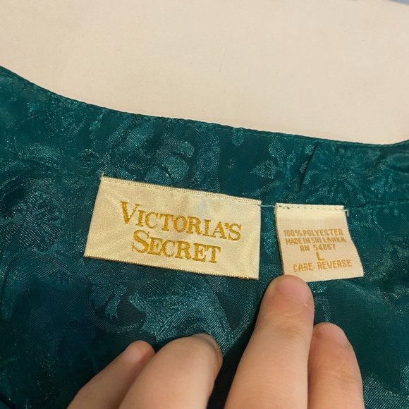 VTG Victorias Secret Gold Label Night Shirt Womens L Green Floral Embossed Sleep - Picture 4 of 8